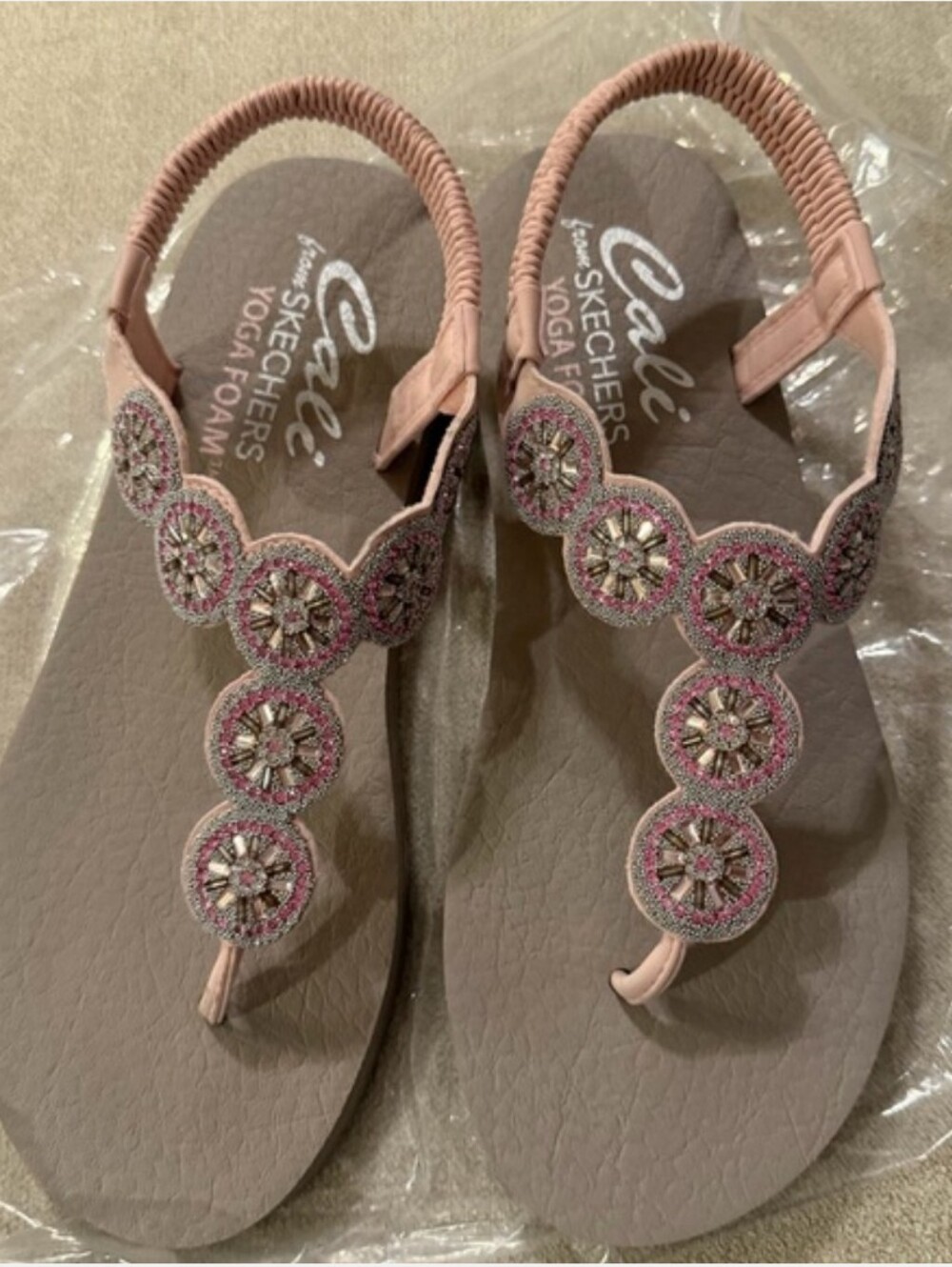 Skechers Women's Pink Beaded T-Strap Sandals